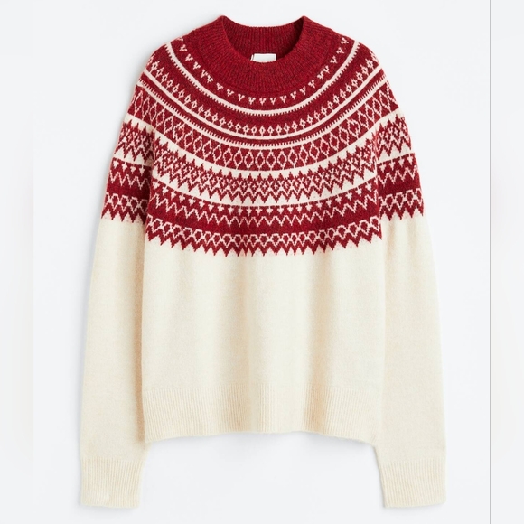 H&M Sweaters - H&M Women's Soft Cream & Red Fair Isle Ski Cabincore Sweater Size XS-M